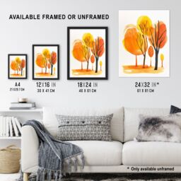 "Artery8 Abstract Park Autumn Trees Watercolour Painting Framed Art Print in Orange - Size: W12"" x H16""" - thumbnail 3