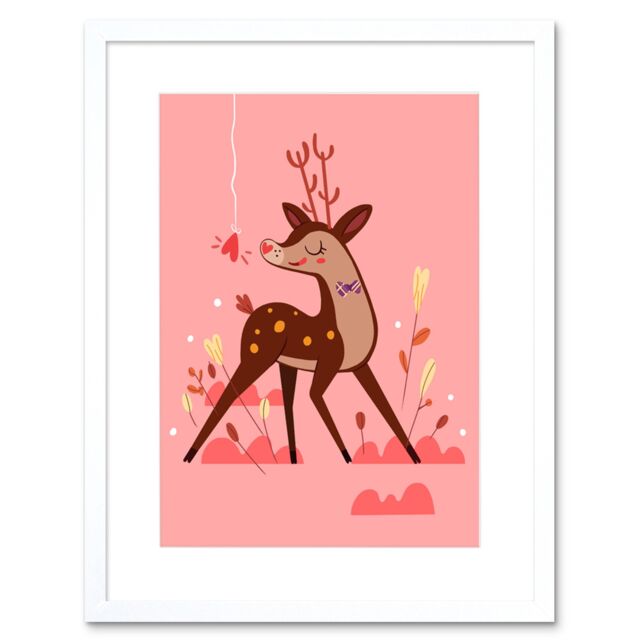 "Artery8 Wall Art Print Stag in Love Art Framed 9x7 inch in White - Size: W7"" x H9""" - image 1