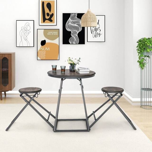KORVIXA 3-Pc Modern Round Table & Stool Set Foldable Bar Table 2 Stools in Brown - Size: 100 cm x 100 cm - image 1