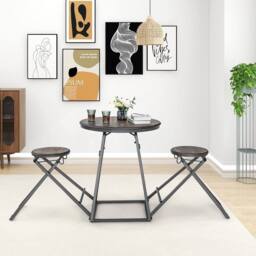 KORVIXA 3-Pc Modern Round Table & Stool Set Foldable Bar Table 2 Stools in Brown - Size: 100 cm x 100 cm