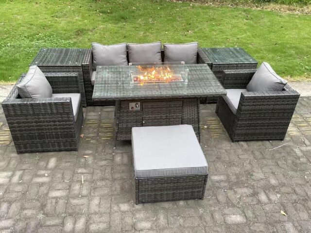Fimous 6 Seater Outdoor PE Rattan Garden Furniture Set Gas Fire Pit Dining Table Gas Heater Burner Footstool in Dark Grey - image 1