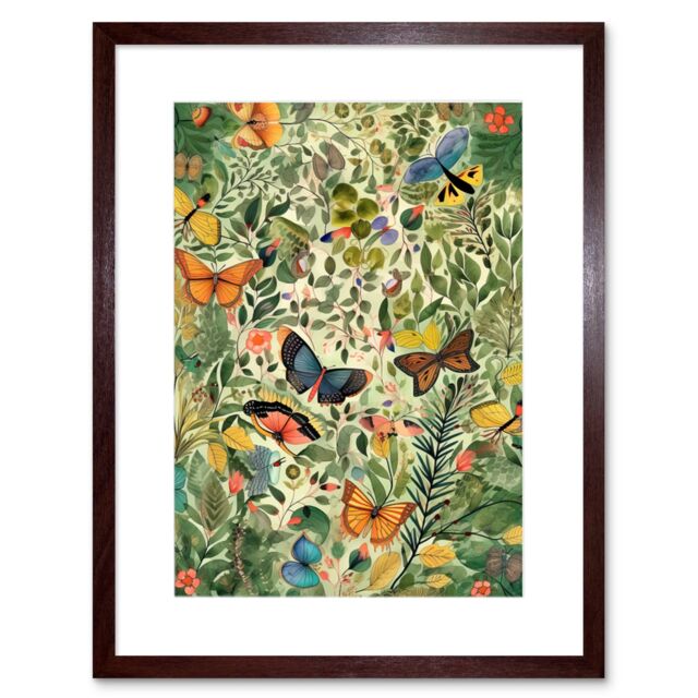"Artery8 Wall Art Print Butterflies Flying in Spring Field Modern Folk Artwork Framed 9X7 Inch in Brown - Size: W7"" x H9""" - image 1