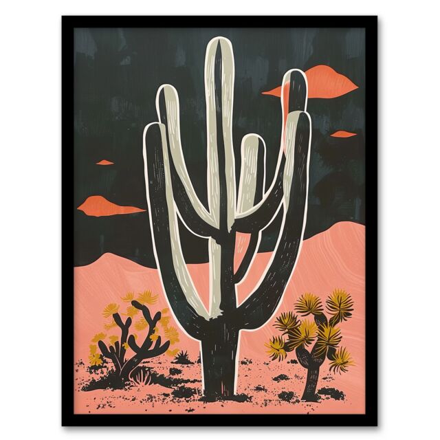 "Artery8 Wall Art Print Saguaro Cactus Pink Grey Desert Landscape Art Framed Poster in Black - Size: W12"" x H16""" - image 1