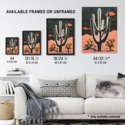 "Artery8 Wall Art Print Saguaro Cactus Pink Grey Desert Landscape Art Framed Poster in Black - Size: W12"" x H16""" - thumbnail 3
