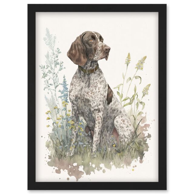 Artery8 German Pointer Dog Sitting in Field Modern Detailed Pastel Watercolour Illustration Artwork Framed Wall Art Print A4 in Black - image 1