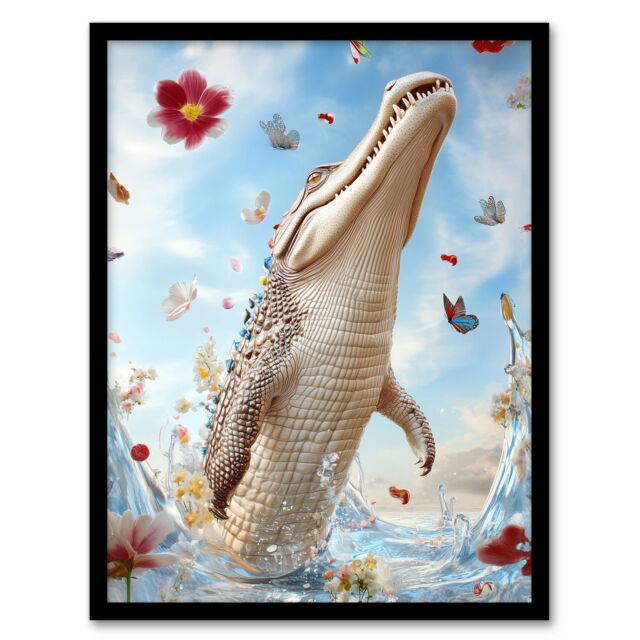 Artery8 Crocodile Flowers Butterflies Surreal Beauty Shot Framed Art Print in Blue - Size: A4 - image 1