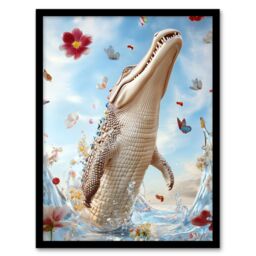 Artery8 Crocodile Flowers Butterflies Surreal Beauty Shot Framed Art Print in Blue - Size: A4 - thumbnail 1