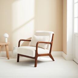 sweeek Scandi-style boucle wooden armchair with cushion in Cream