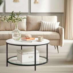 Pirlo Plush 2 Tier Round Faux Marble Coffee Table in White - thumbnail 4