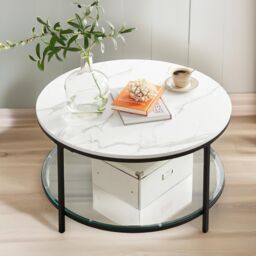 Pirlo Plush 2 Tier Round Faux Marble Coffee Table in White - thumbnail 2