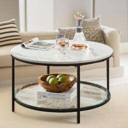 Pirlo Plush 2 Tier Round Faux Marble Coffee Table in White - thumbnail 1