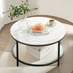 Pirlo Plush 2 Tier Round Faux Marble Coffee Table in White - thumbnail 3