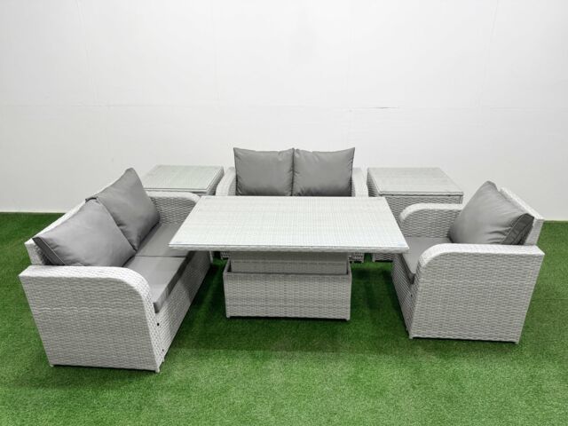 Fimous High Back Poly Rattan Garden Furniture Set w/ Reclining Chair Loveseat Sofa Adjustable Lifting Dining or Coffee Table Indoor Outdoor Patio Set - image 1