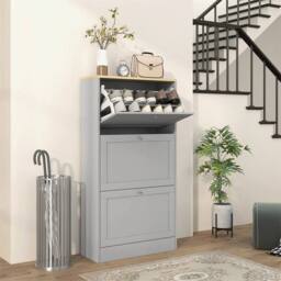 Nordara Narrow Shoe Cabinet with 3 Flip Drawers for 12-18 Pairs of Shoes in Grey - Size: 100 cm x 60 cm - thumbnail 7