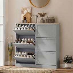 Nordara Narrow Shoe Cabinet with 3 Flip Drawers for 12-18 Pairs of Shoes in Grey - Size: 100 cm x 60 cm - thumbnail 3