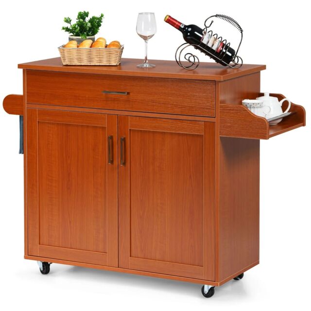 Costway Kitchen Island Storage Trolley Rolling Cart Shelves Cupboard Cabinet Drawer Home in Brown - image 1