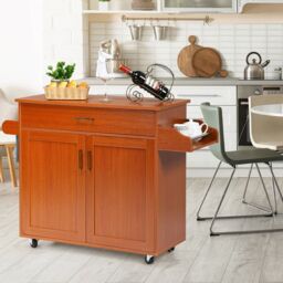Costway Kitchen Island Storage Trolley Rolling Cart Shelves Cupboard Cabinet Drawer Home in Brown - thumbnail 3