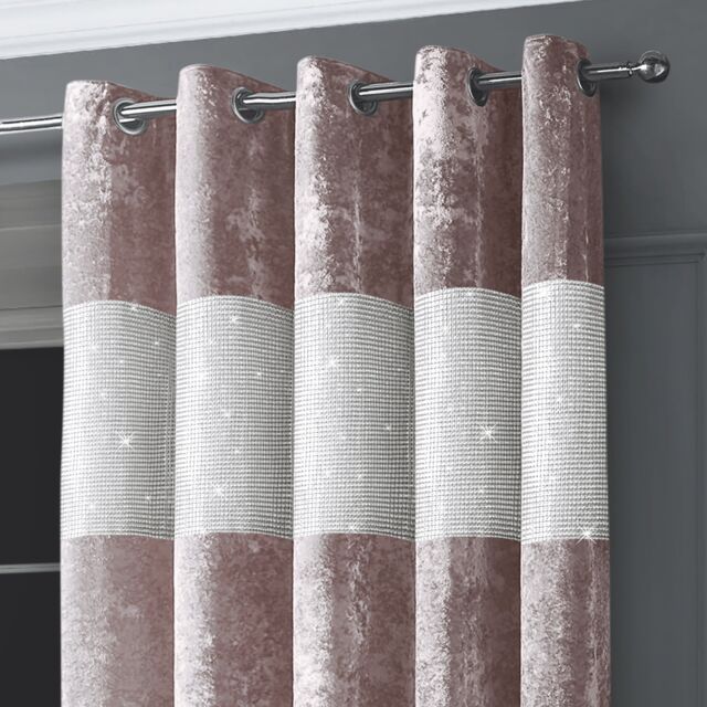 Intimates Diamante Velvet Fully Lined Curtains - Luxury Ring Top Window Drapes in Dusty Pink - Size: 168 cm width x 137 cm drop