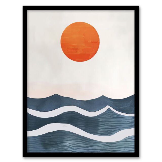 "Artery8 Minimalist Large Sunset Sun Over Ocean Waves Framed Wall Art in Blue - Size: W12"" x H16""" - image 1