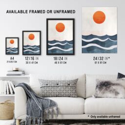 "Artery8 Minimalist Large Sunset Sun Over Ocean Waves Framed Wall Art in Blue - Size: W12"" x H16""" - thumbnail 3