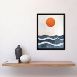 "Artery8 Minimalist Large Sunset Sun Over Ocean Waves Framed Wall Art in Blue - Size: W12"" x H16""" - thumbnail 4
