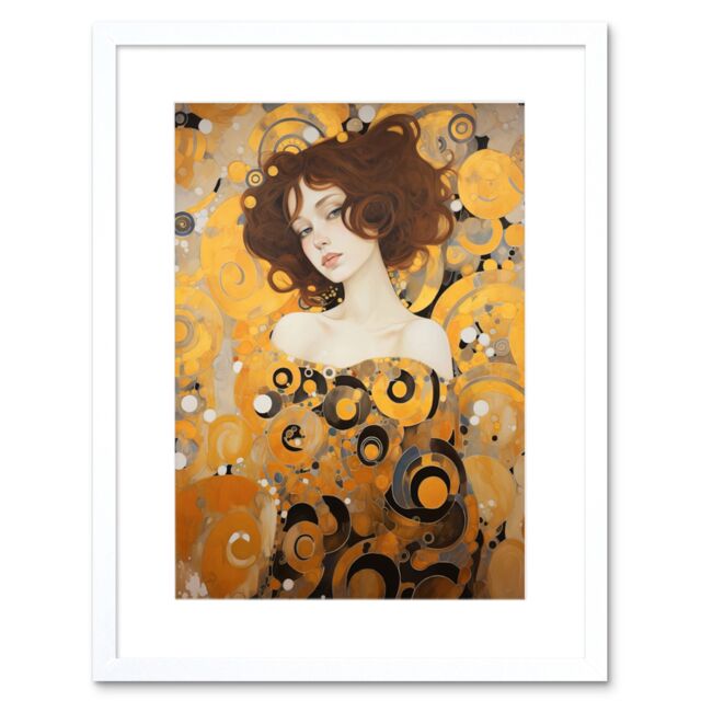 "Artery8 Wall Art Print Woman Portrait Gustav Klimt Style Oil Painting Gold Brown Artist Muse Art Nouveau Artwork Framed 9X7 Inch - Size: W7"" x H9""" - image 1