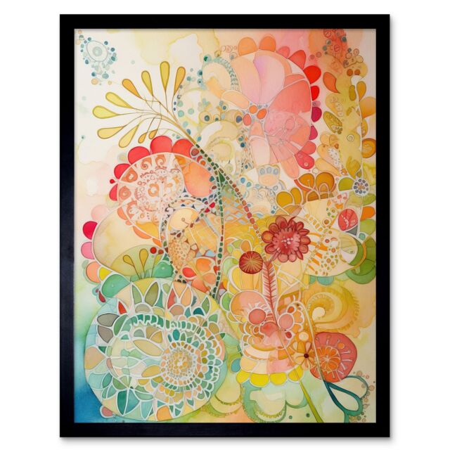 "Artery8 Wall Art Print Lace Pattern Flower Blooms Folk Art Watercolour Painting Art Framed in Black - Size: W12"" x H16""" - image 1