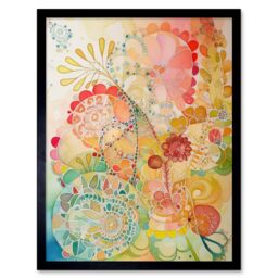 "Artery8 Wall Art Print Lace Pattern Flower Blooms Folk Art Watercolour Painting Art Framed in Black - Size: W12"" x H16""" - thumbnail 1