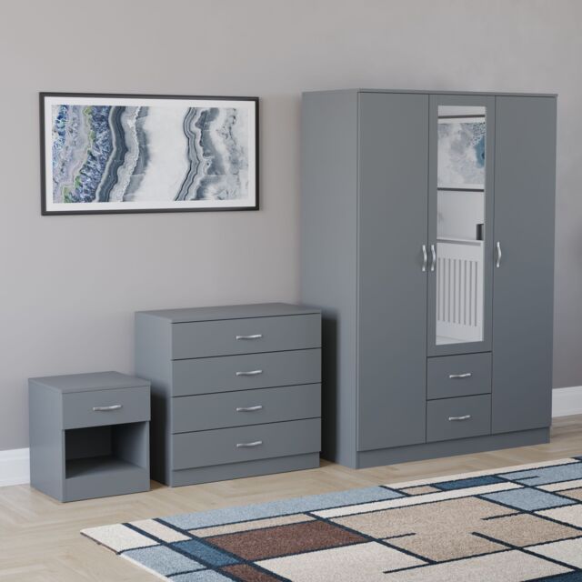 Home Discount Vida Designs 3Pc Bedroom Set 1Bedside, 4 Drawer Chest, Mirror Wardrobe in Grey - image 1