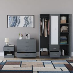 Home Discount Vida Designs 3Pc Bedroom Set 1Bedside, 4 Drawer Chest, Mirror Wardrobe in Grey - thumbnail 3