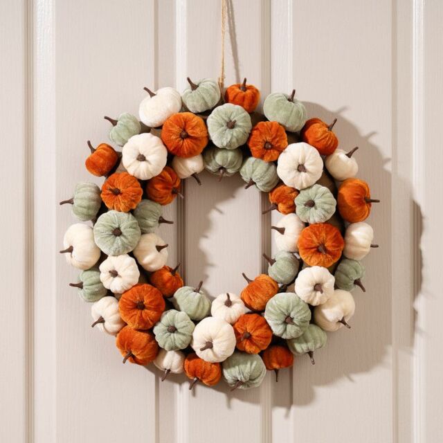 Scottish Everlastings Ltd 43cm Velvet Pumpkin Wreath - orange-mint-cream in Orange - image 1