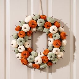 Scottish Everlastings Ltd 43cm Velvet Pumpkin Wreath - orange-mint-cream in Orange - thumbnail 1