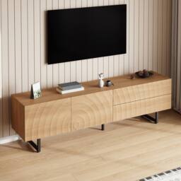 BTM Modern TV Stand Lowboard 3D Texture Storage Cabinet 180x38x51.5 in Natural - thumbnail 4
