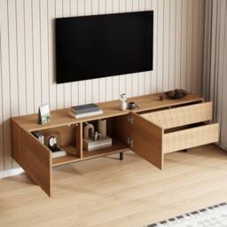 BTM Modern TV Stand Lowboard 3D Texture Storage Cabinet 180x38x51.5 in Natural - thumbnail 3