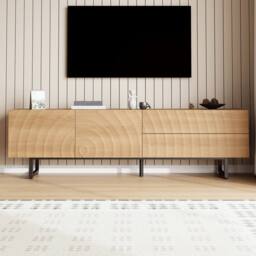BTM Modern TV Stand Lowboard 3D Texture Storage Cabinet 180x38x51.5 in Natural - thumbnail 1