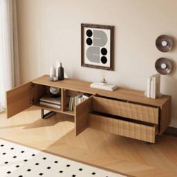 BTM Modern TV Stand Lowboard 3D Texture Storage Cabinet 180x38x51.5 in Natural - thumbnail 5