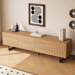 BTM Modern TV Stand Lowboard 3D Texture Storage Cabinet 180x38x51.5 in Natural - thumbnail 8