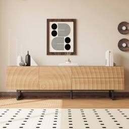 BTM Modern TV Stand Lowboard 3D Texture Storage Cabinet 180x38x51.5 in Natural - thumbnail 9