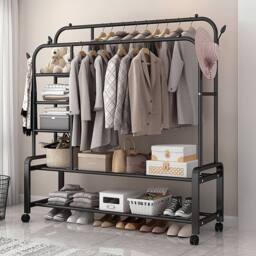 Living and Home 2-Rod Metal Clothes Rack Garment Holder with Wheels Shelves in Black - thumbnail 5
