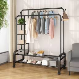 Living and Home 2-Rod Metal Clothes Rack Garment Holder with Wheels Shelves in Black - thumbnail 1