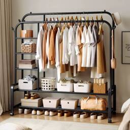 Living and Home 2-Rod Metal Clothes Rack Garment Holder with Wheels Shelves in Black - thumbnail 6