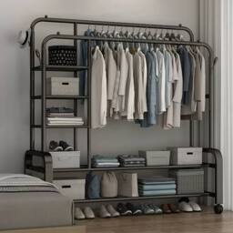 Living and Home 2-Rod Metal Clothes Rack Garment Holder with Wheels Shelves in Black - thumbnail 7