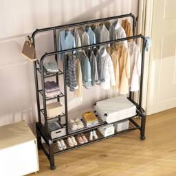Living and Home 2-Rod Metal Clothes Rack Garment Holder with Wheels Shelves in Black - thumbnail 2