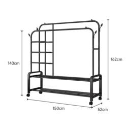 Living and Home 2-Rod Metal Clothes Rack Garment Holder with Wheels Shelves in Black - thumbnail 9