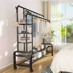 Living and Home 2-Rod Metal Clothes Rack Garment Holder with Wheels Shelves in Black - thumbnail 4