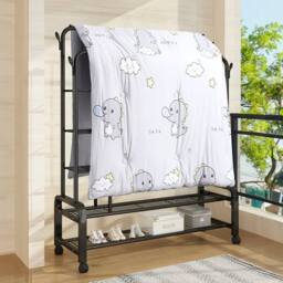 Living and Home 2-Rod Metal Clothes Rack Garment Holder with Wheels Shelves in Black - thumbnail 3