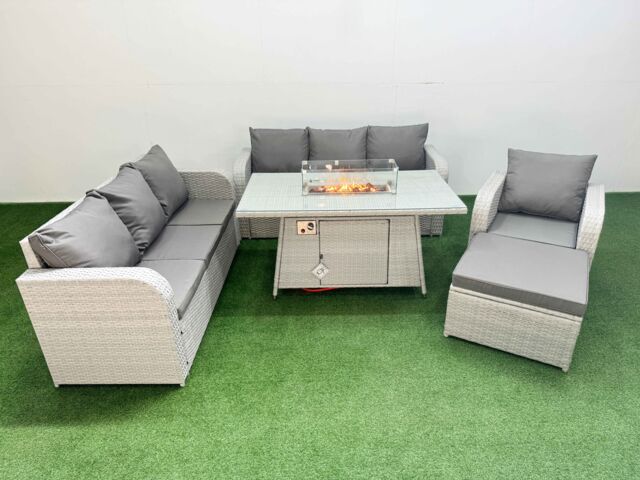 Fimous 8 Seater Poly Rattan Outdoor Garden Furniture Firepit Dining Table Sofa Set Patio 3 Seater Sofa Reclining Chair 3 Seater Sofa Big Footstool - image 1