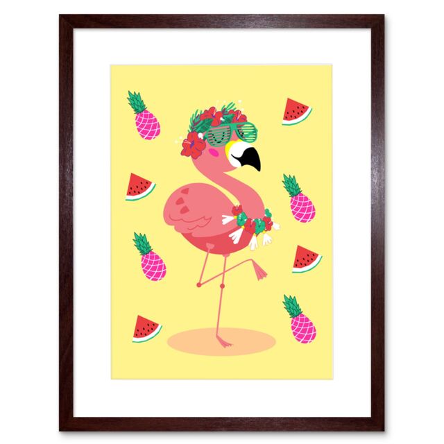 "Artery8 Wall Art Print Kawaii Flamingo Party Tropical Art Framed 9x7 inch in Brown - Size: W7"" x H9""" - image 1