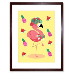 "Artery8 Wall Art Print Kawaii Flamingo Party Tropical Art Framed 9x7 inch in Brown - Size: W7"" x H9""" - thumbnail 1