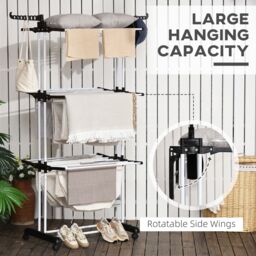 HOMCOM Foldable Clothes Drying Rack Steel Garment Dryer with Casters Black - thumbnail 4